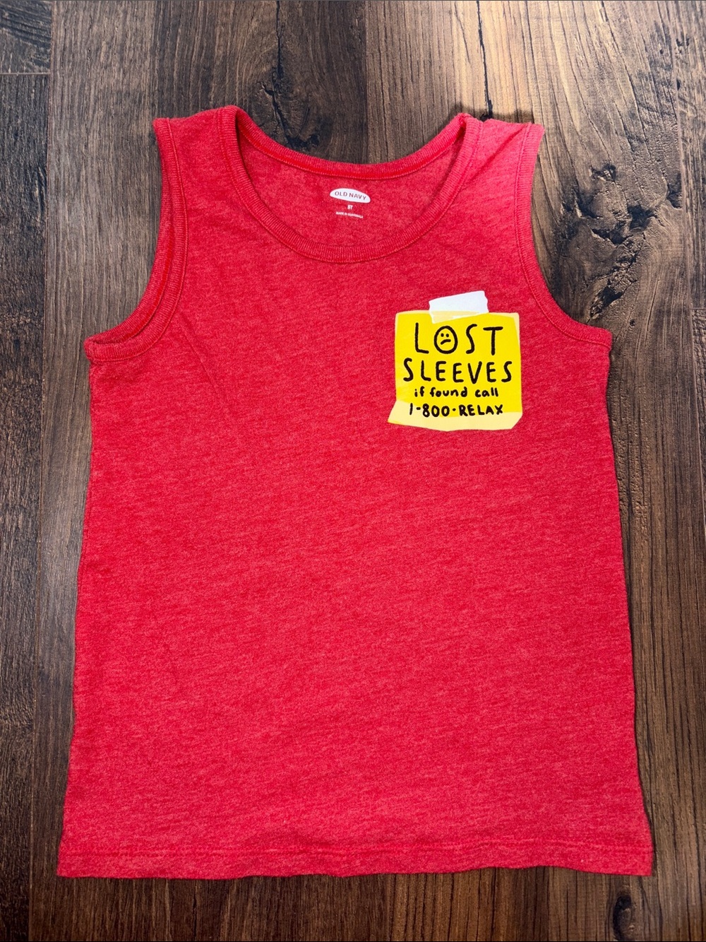 Old Navy Red Tank Top with Yellow 'Lost Sleeves' Patch